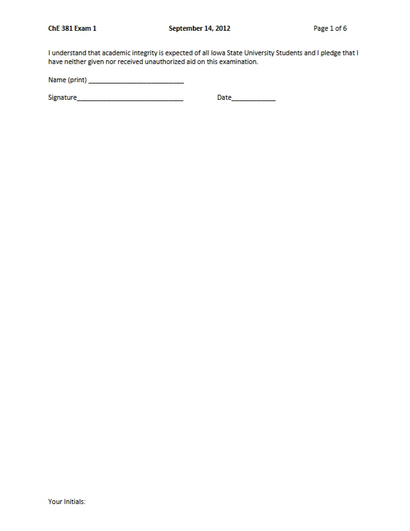 First Exam from Fall 2012 in Chemical Engineering Thermodynamics