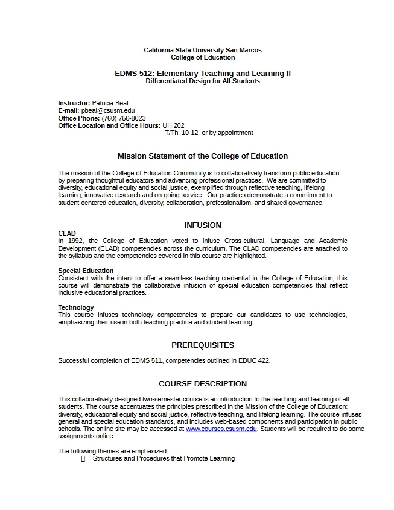 Beal Elementary Teaching Syllabus