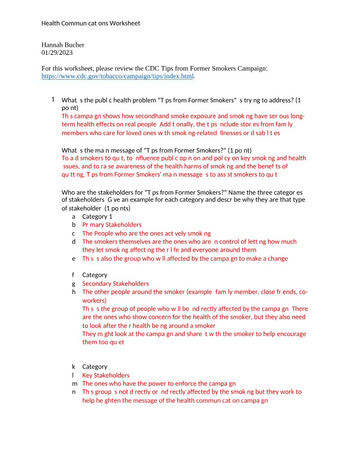 Worksheet on Health Communications