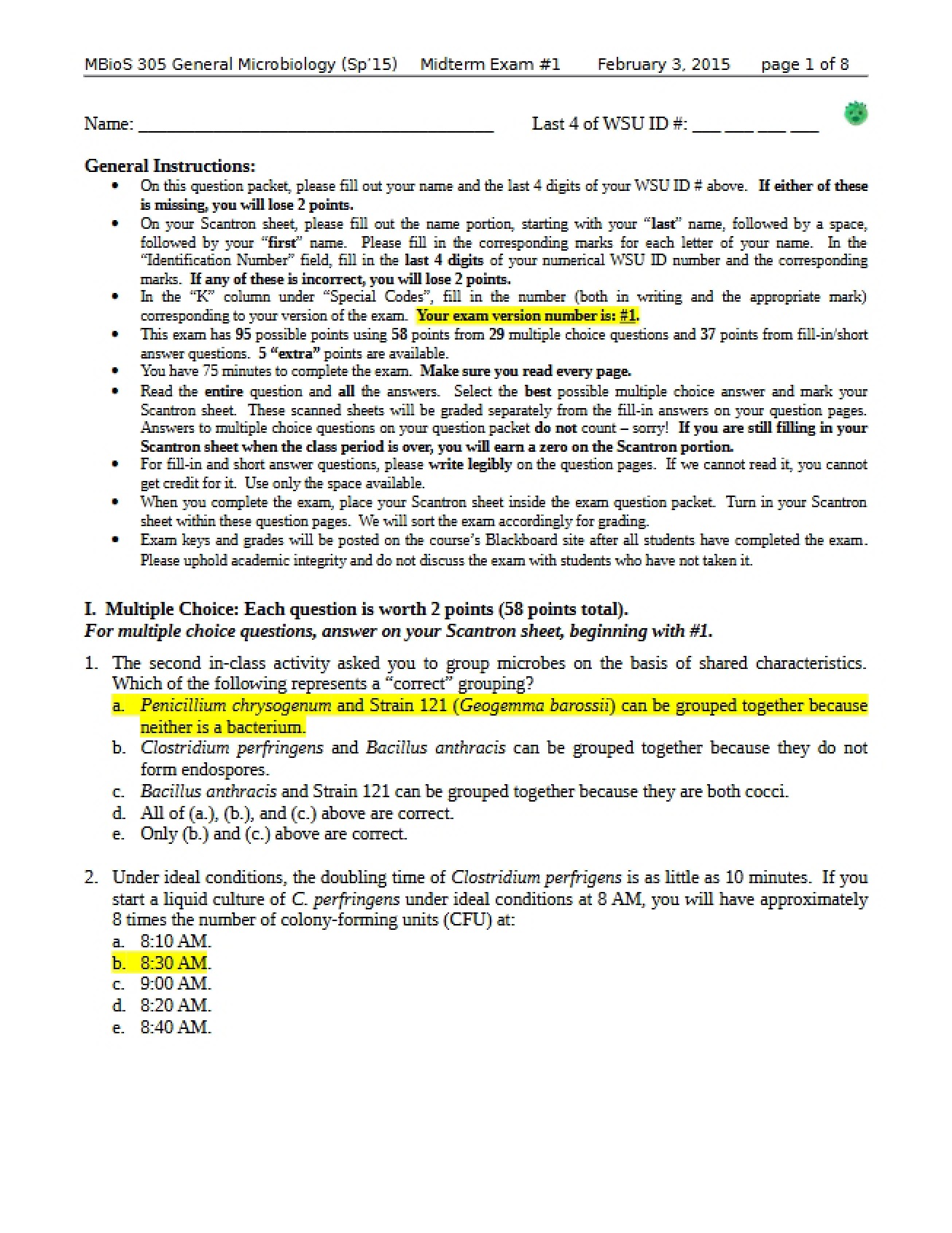 Key for Exam 1 Version 1 (Spring 2015)