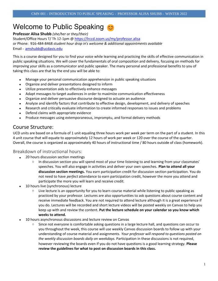 Winter 2022 Syllabus - CMN 001 Introduction to Public Speaking (Alisa Shubb)