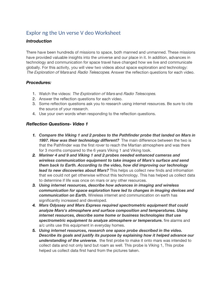 Video Worksheet - Exploring the Universe