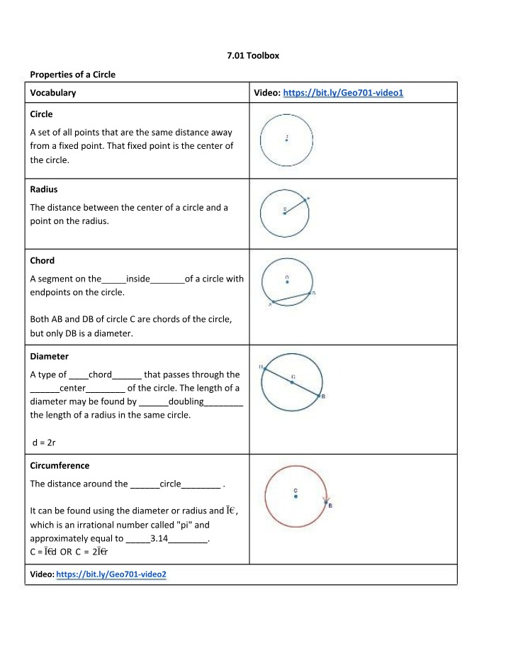 Properties of a Circle - Radius and Chords