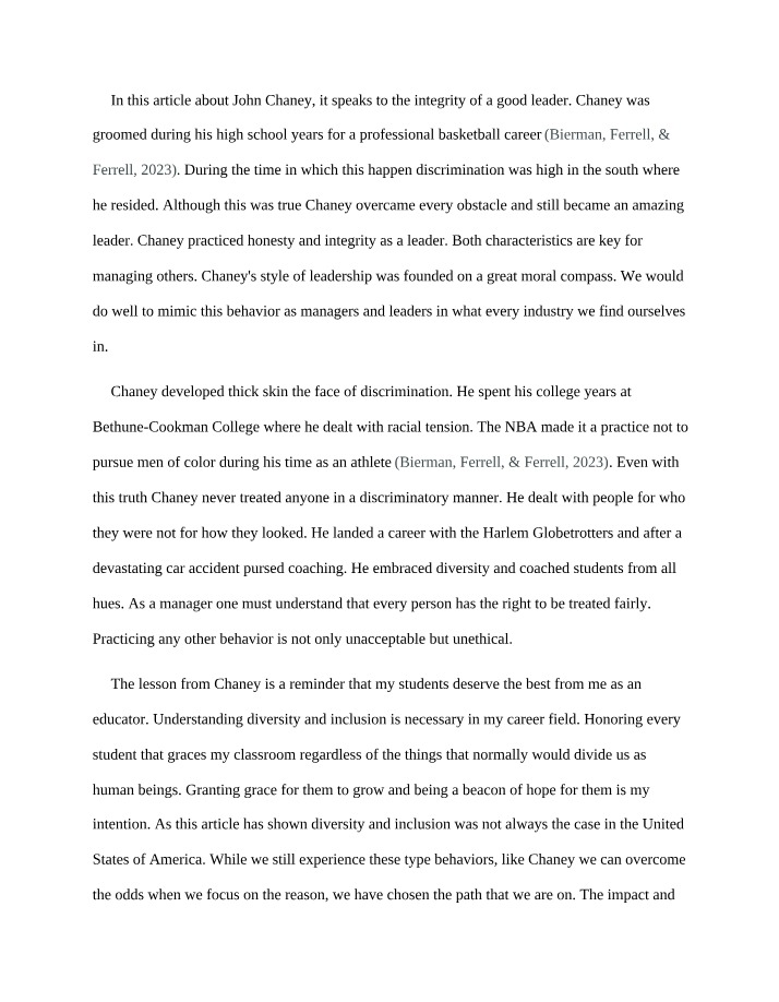 Summary and Reflection on John Chaney Leadership Article