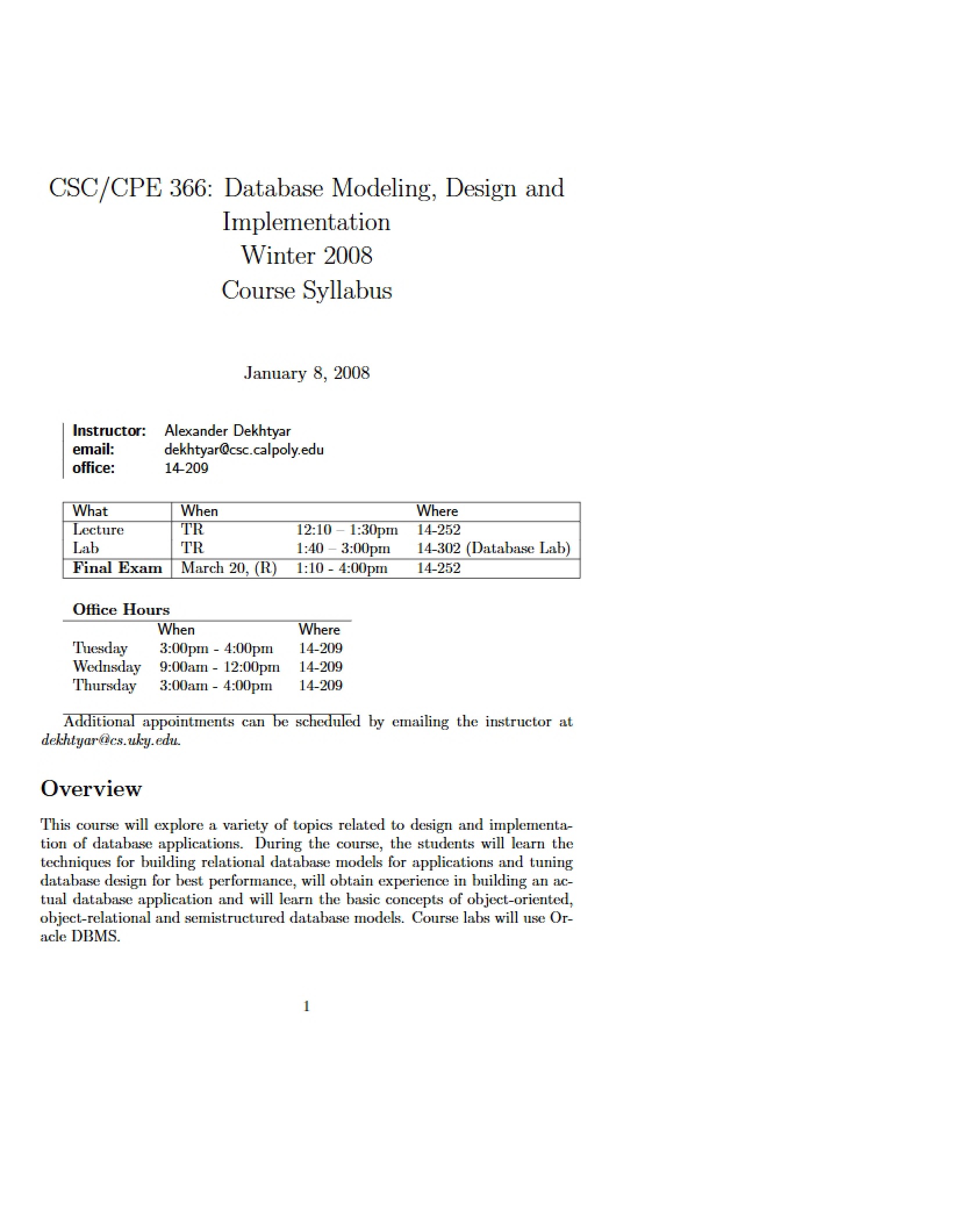 Database Modeling Syllabus