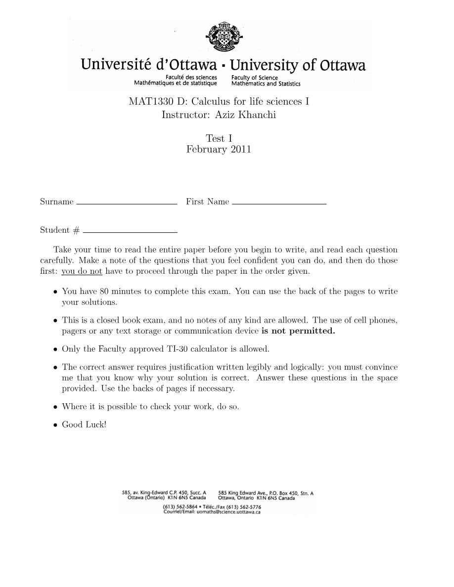 Test I February 2011 - MAT1330 D