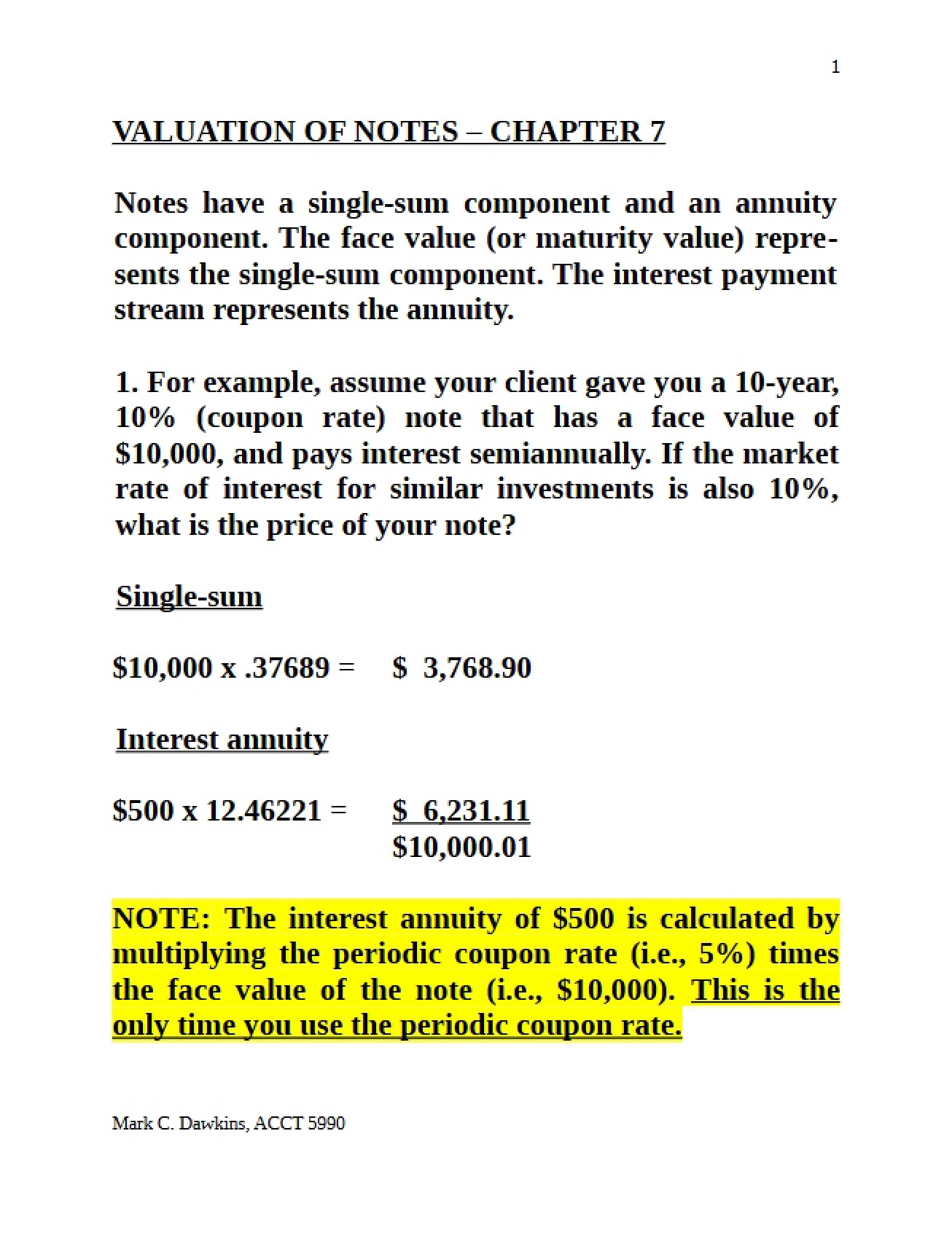 Chapter 7 Valuation Notes