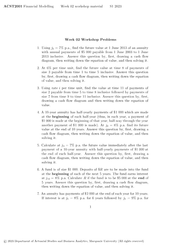 Week 02 Workshop Problems - ACST2001 Financial Modelling