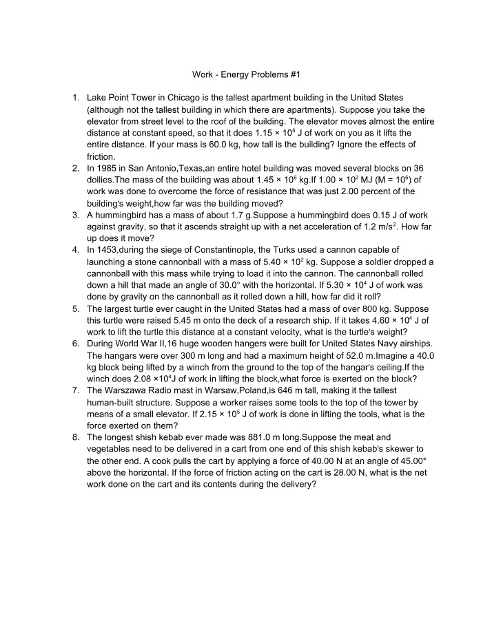 Work and Energy Practice Problems #1