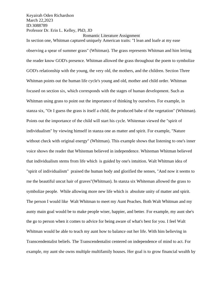 Symbolism of Grass in Whitman's Romantic Literature