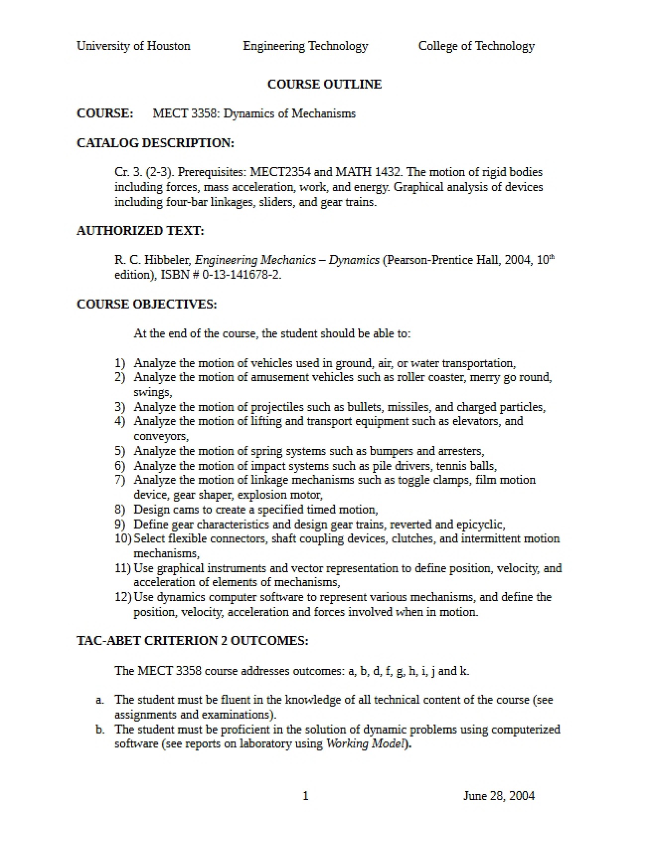 Mechanisms Dynamics Outline