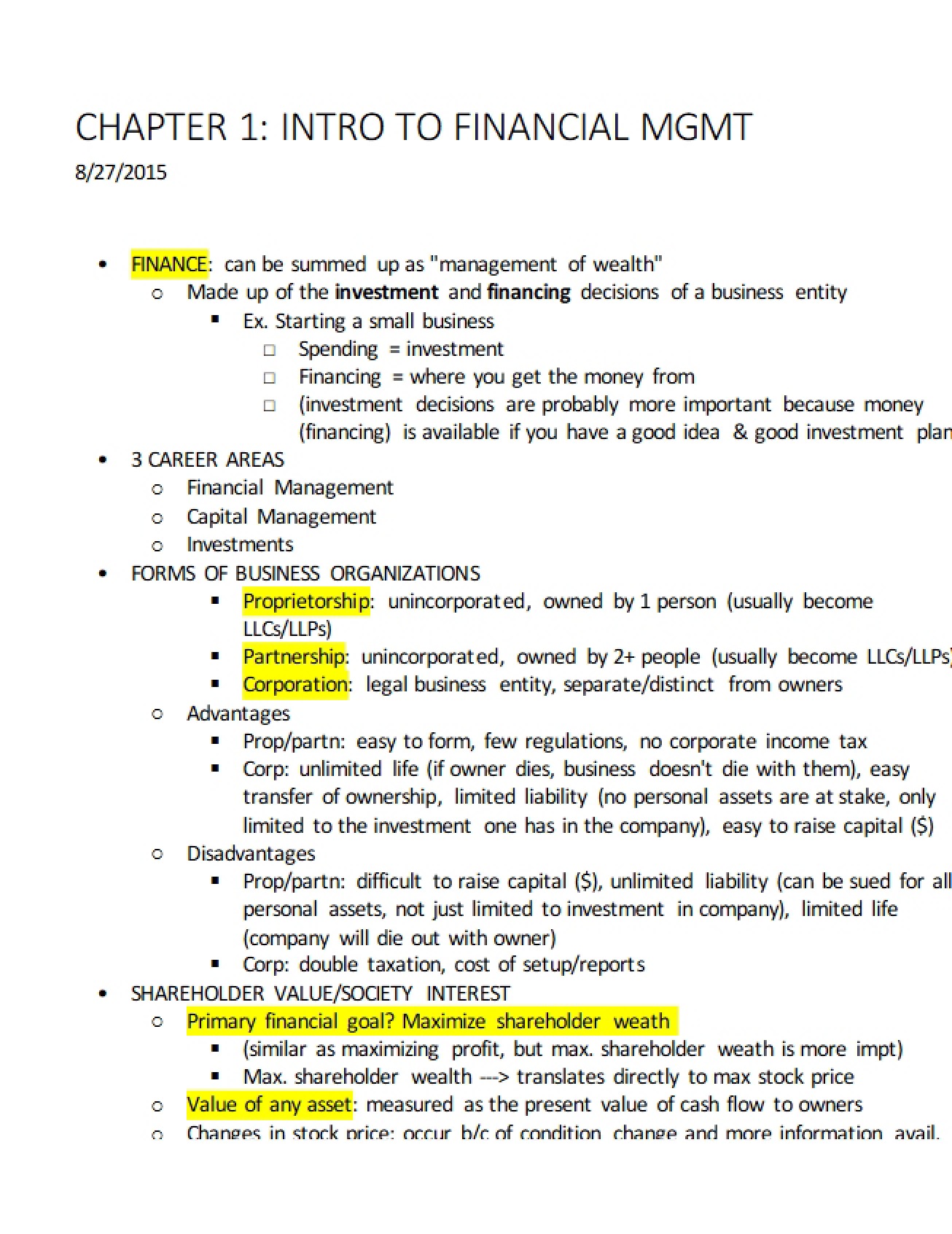 Introduction to Financial Management (Chapter 1)