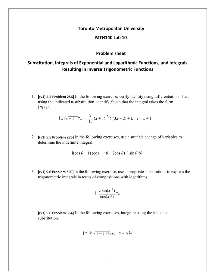 Lab 10 for MTH 140 - Substitution and Integrals
