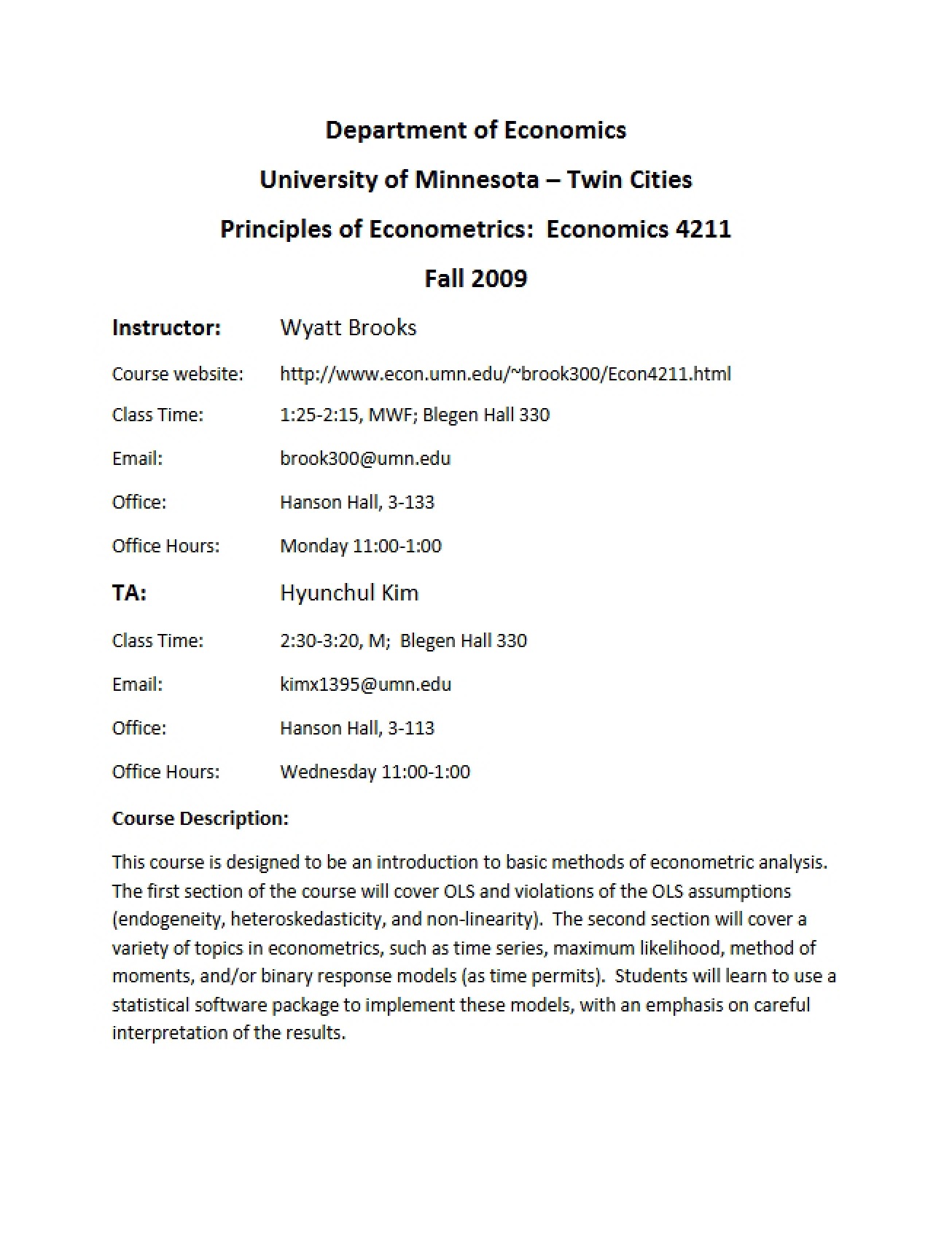 Syllabus for Principles of Econometrics