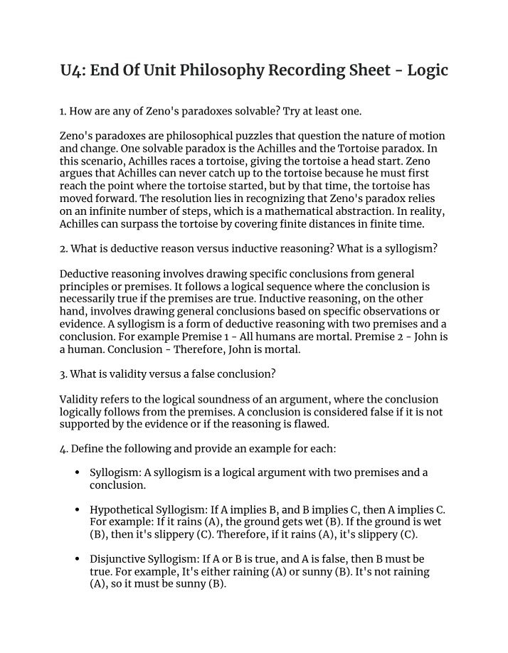Philosophy Unit Recording Sheet - Logic