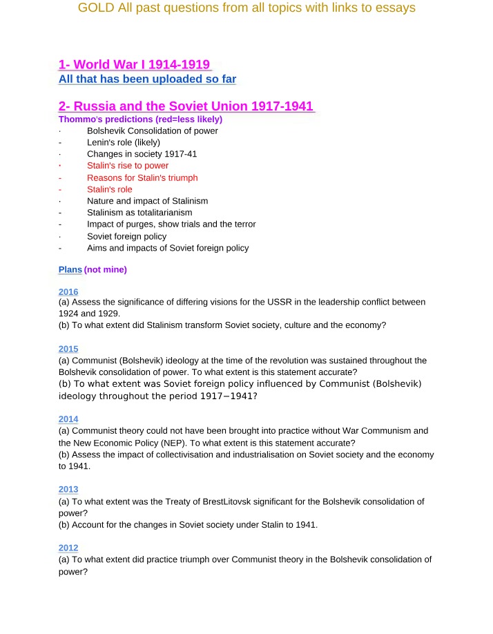 Study Guide - World War I, Russia and the Soviet Union
