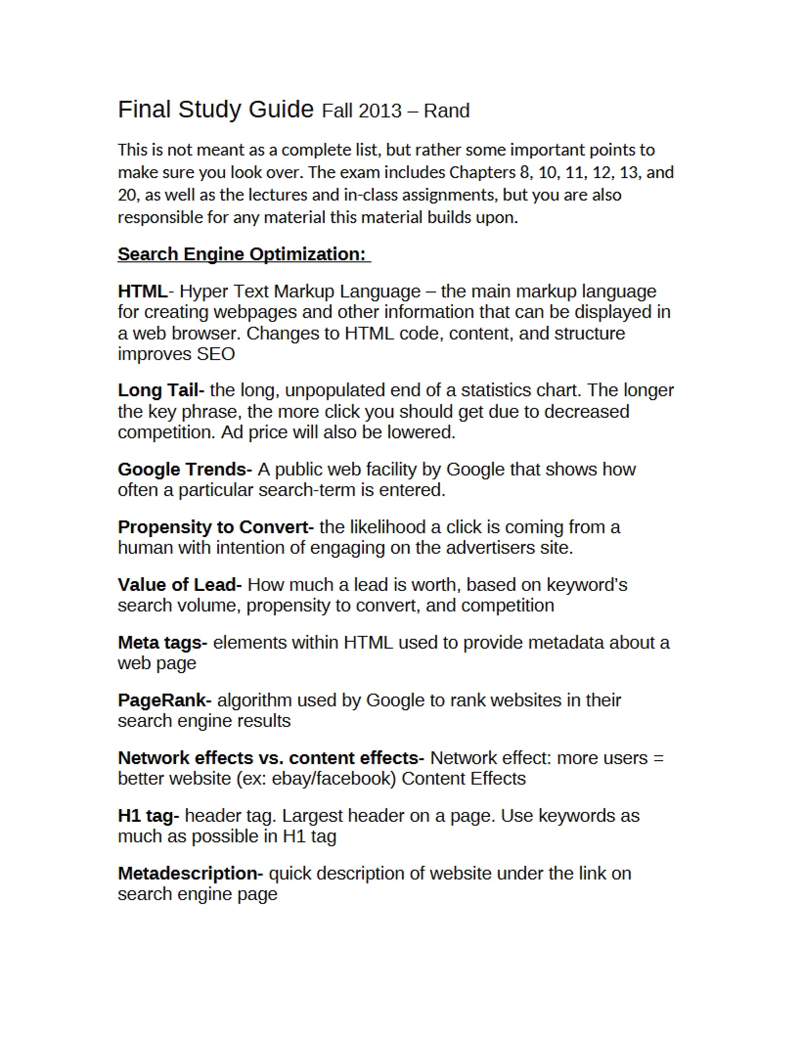 Study Guide for Final