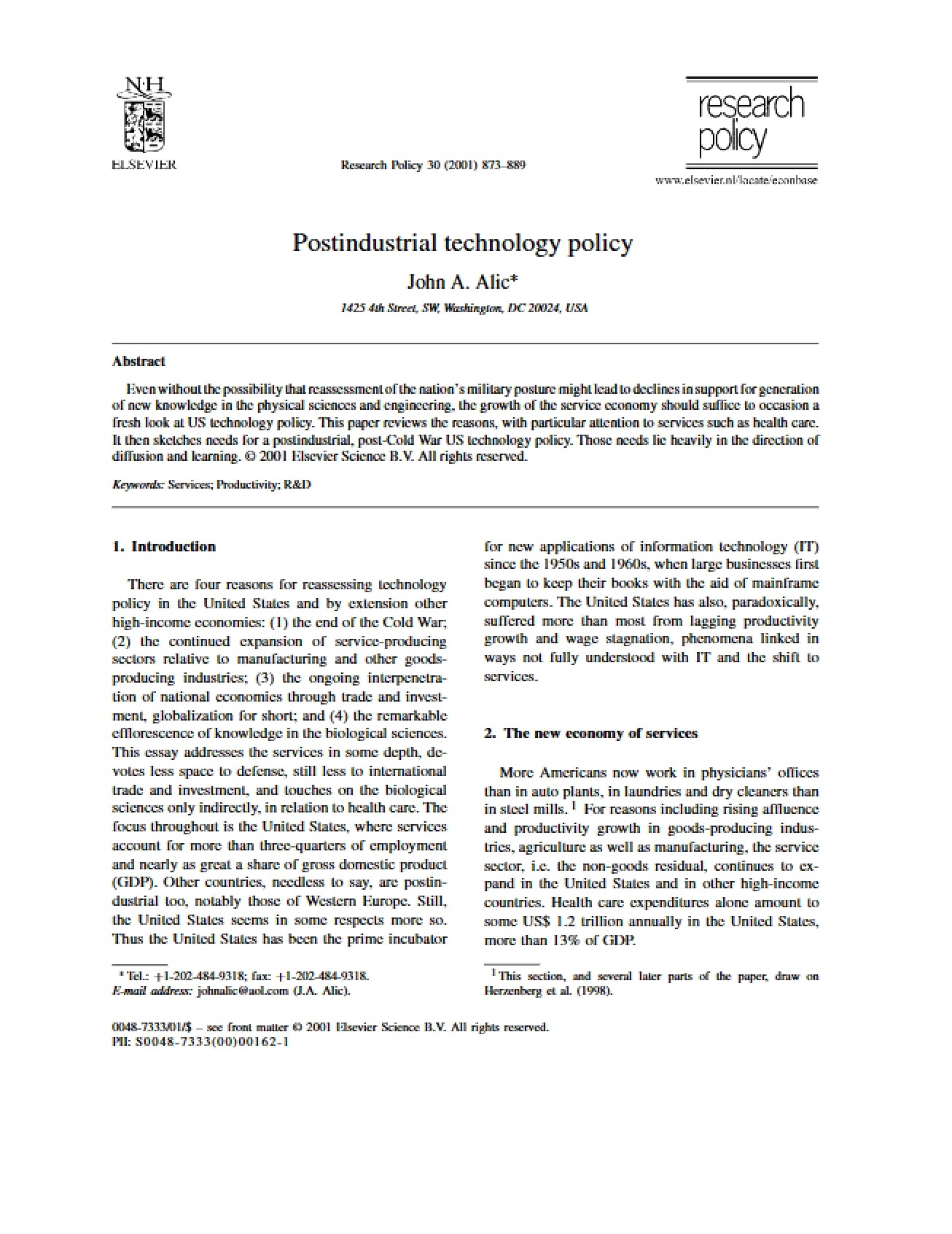 Technology Policy in the Postindustrial Era