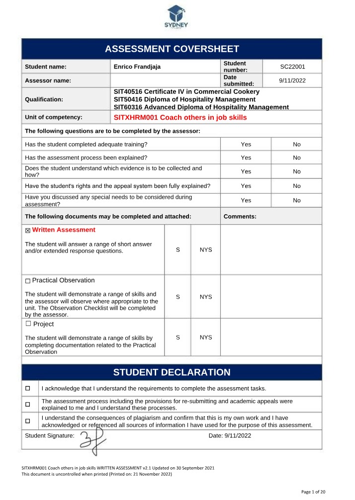SITXHRM001 Assessment Guidelines and Coversheet - Coach Others in Job Skills