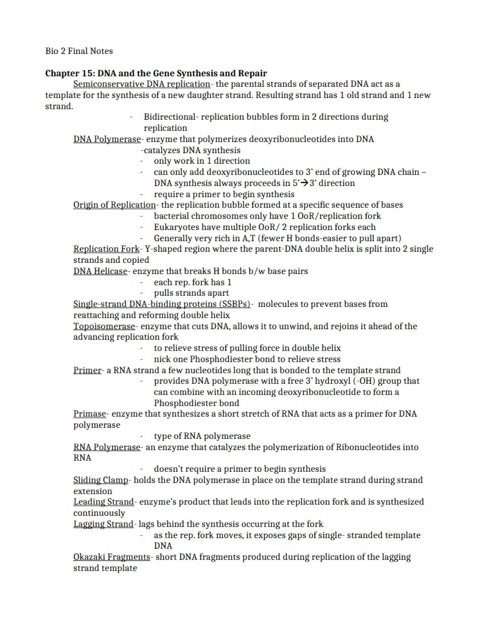 Synthesis and Repair of DNA and Genes (Ch 15)