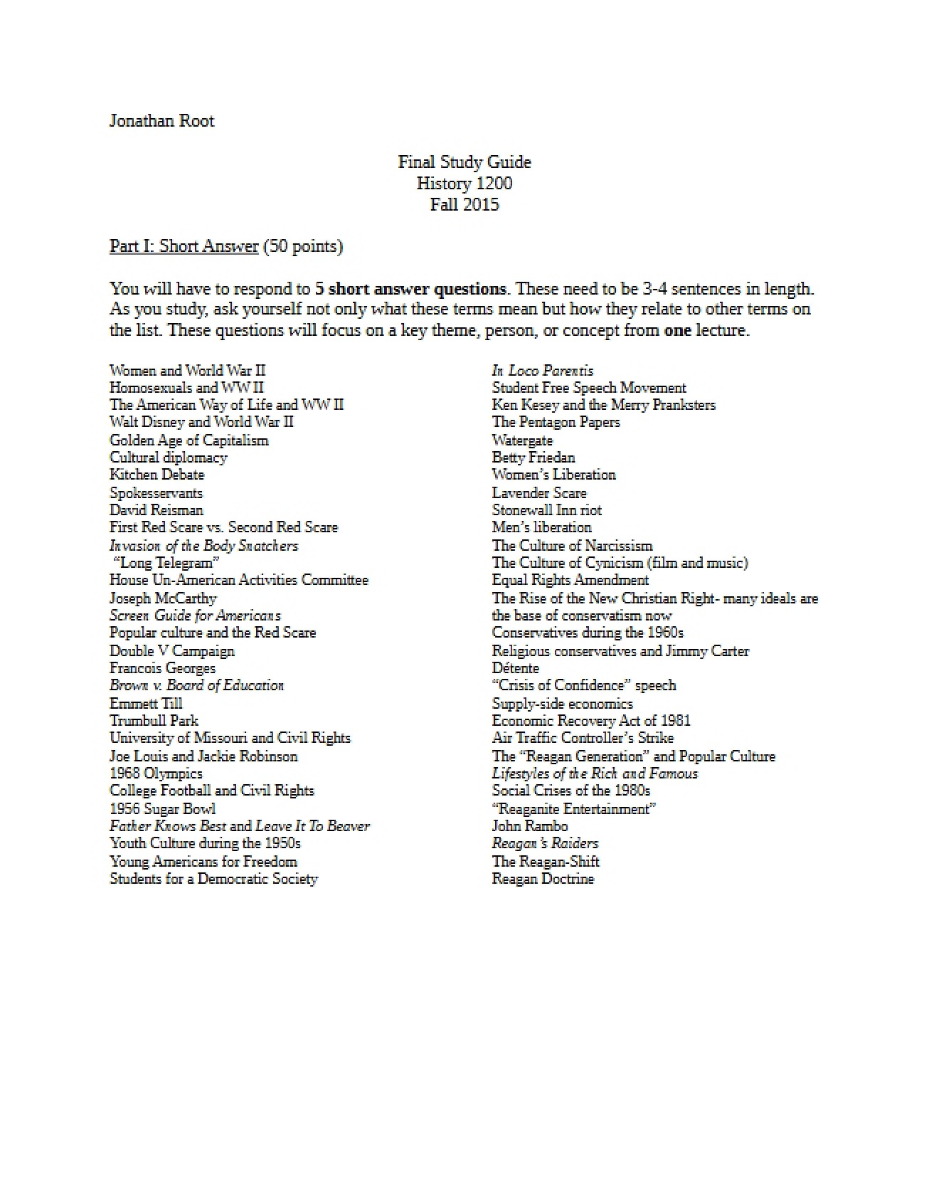 Final Review Fall 2015