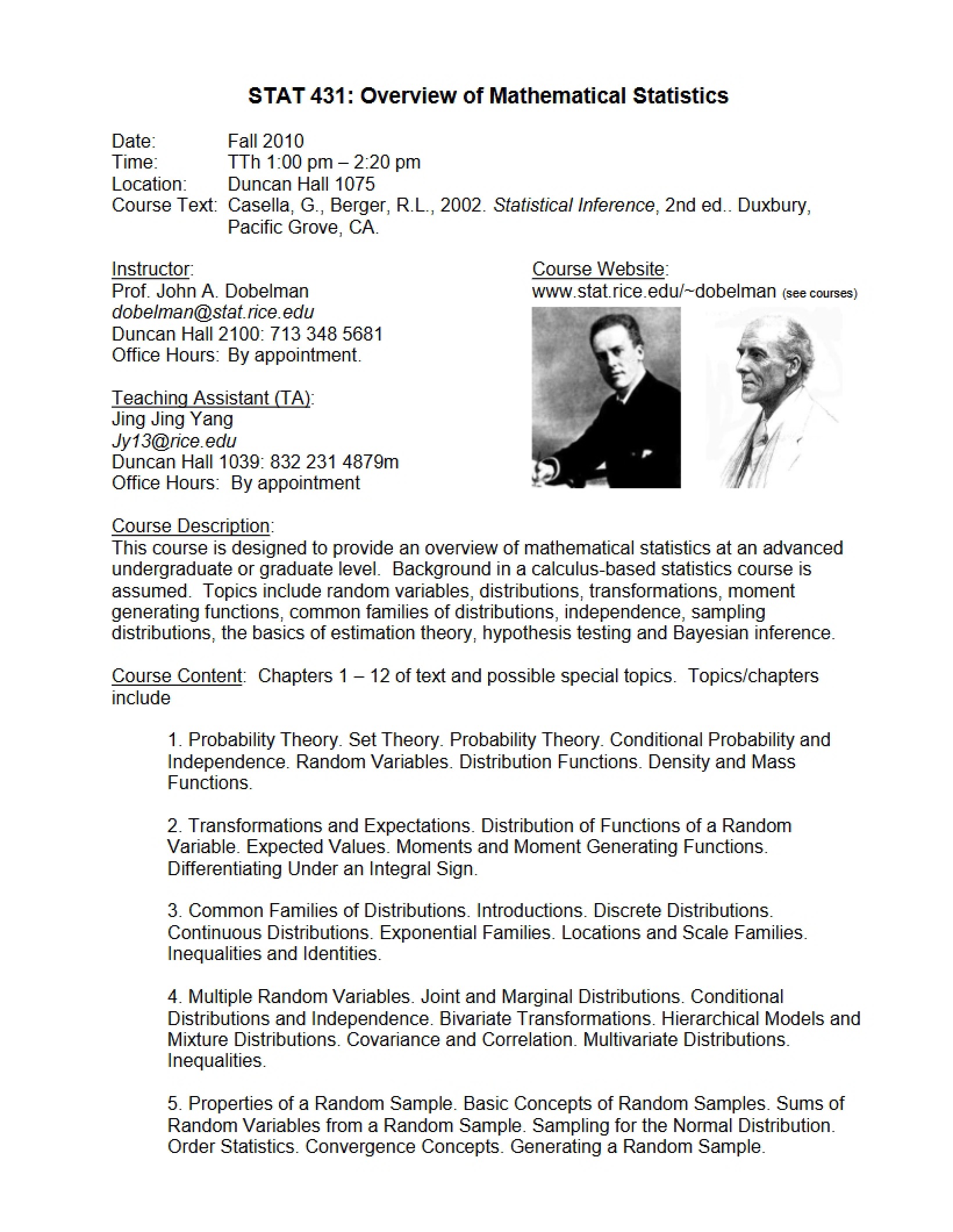 Overview of Math Stats Syllabus