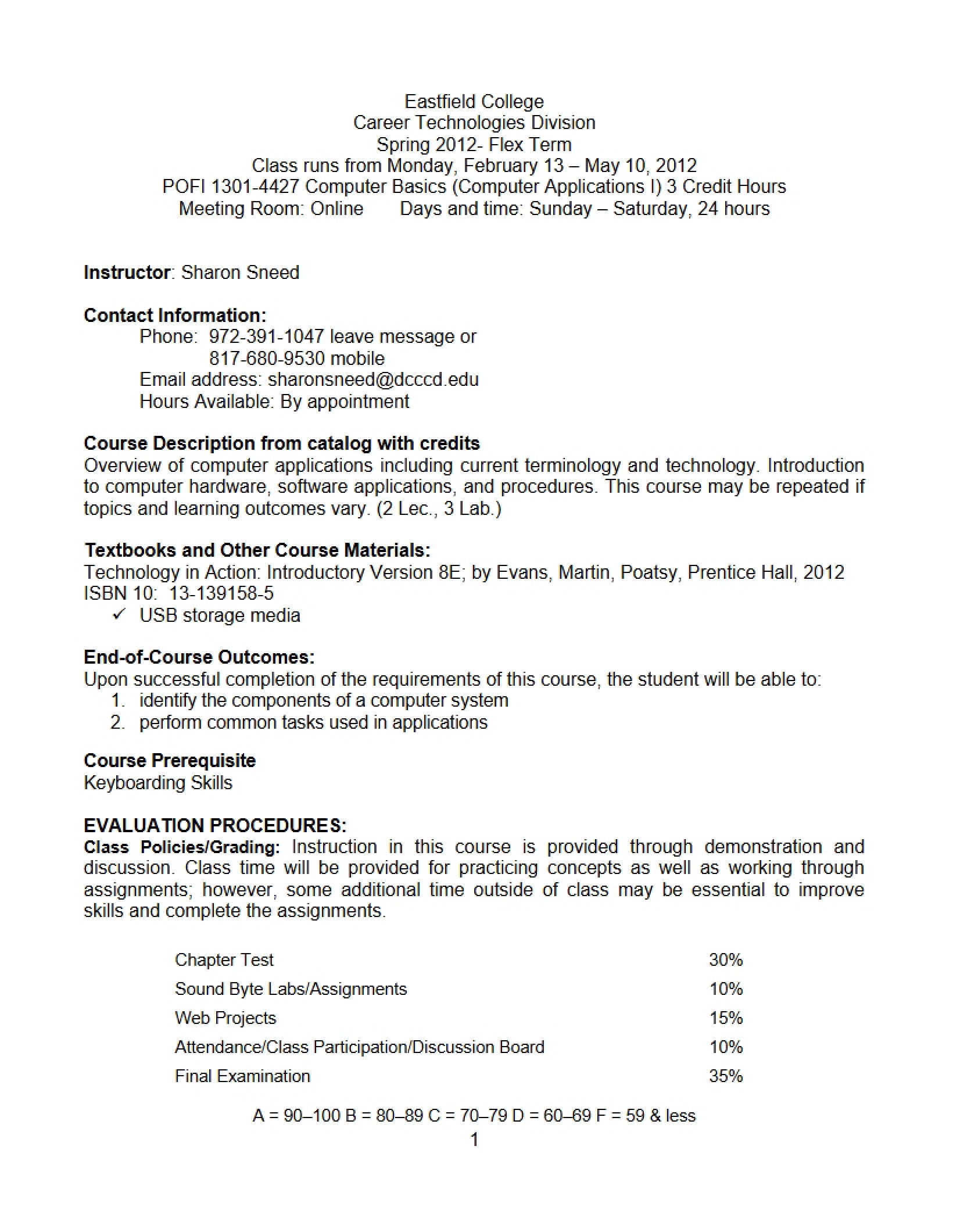 Syllabus for Computer Applications I - POFI 1301