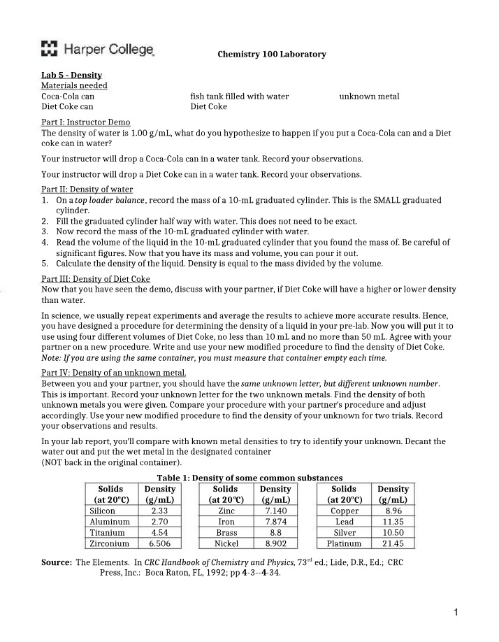 Density Lab Report - Coca-Cola versus Unknown Metal