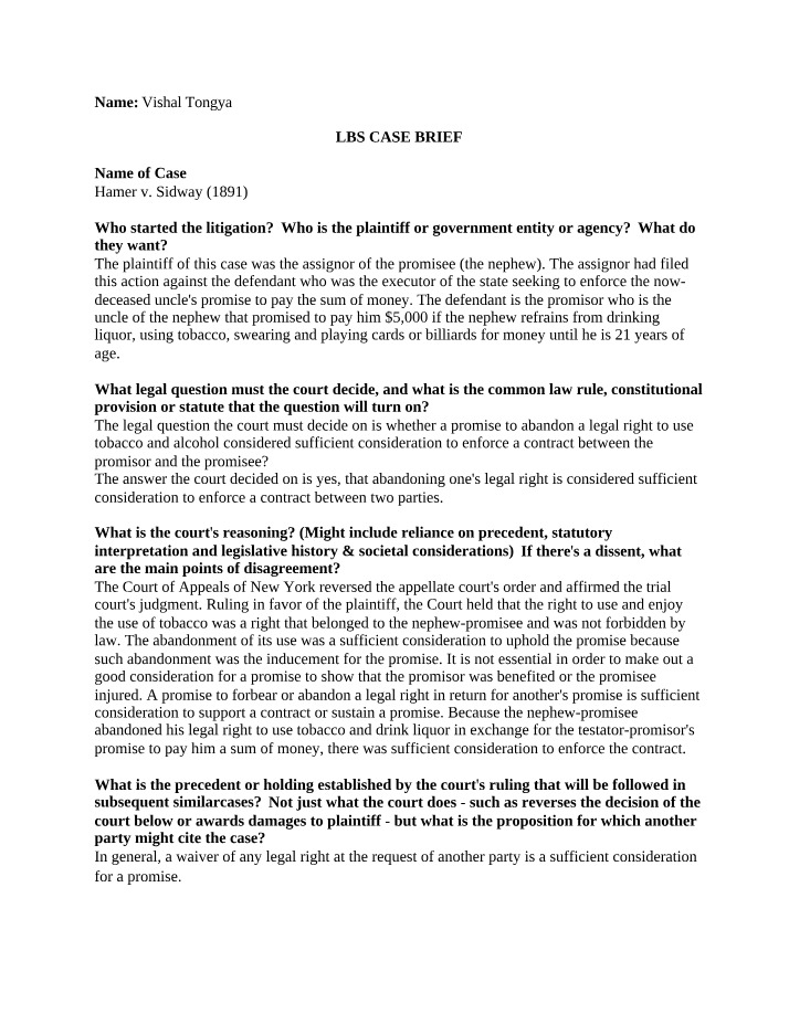 Case Brief - Hamer v. Sidway