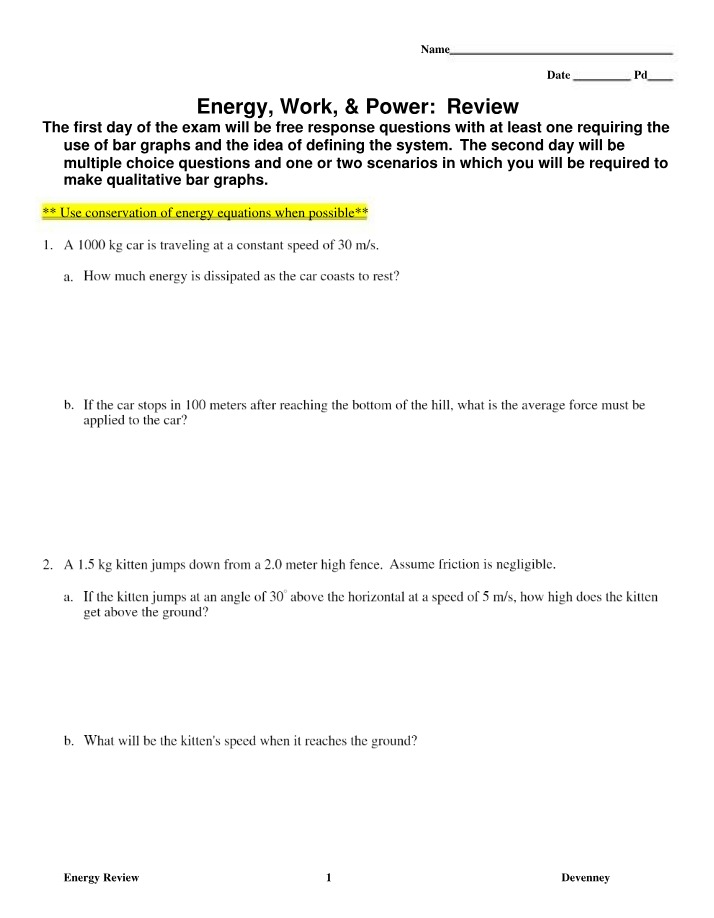 Review of Energy, Work, and Power