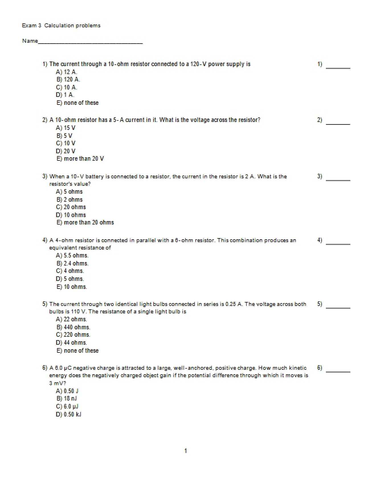 Calculation Questions for Exam Three