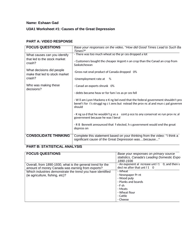 Great Depression - Stock Market Crash and Wheat