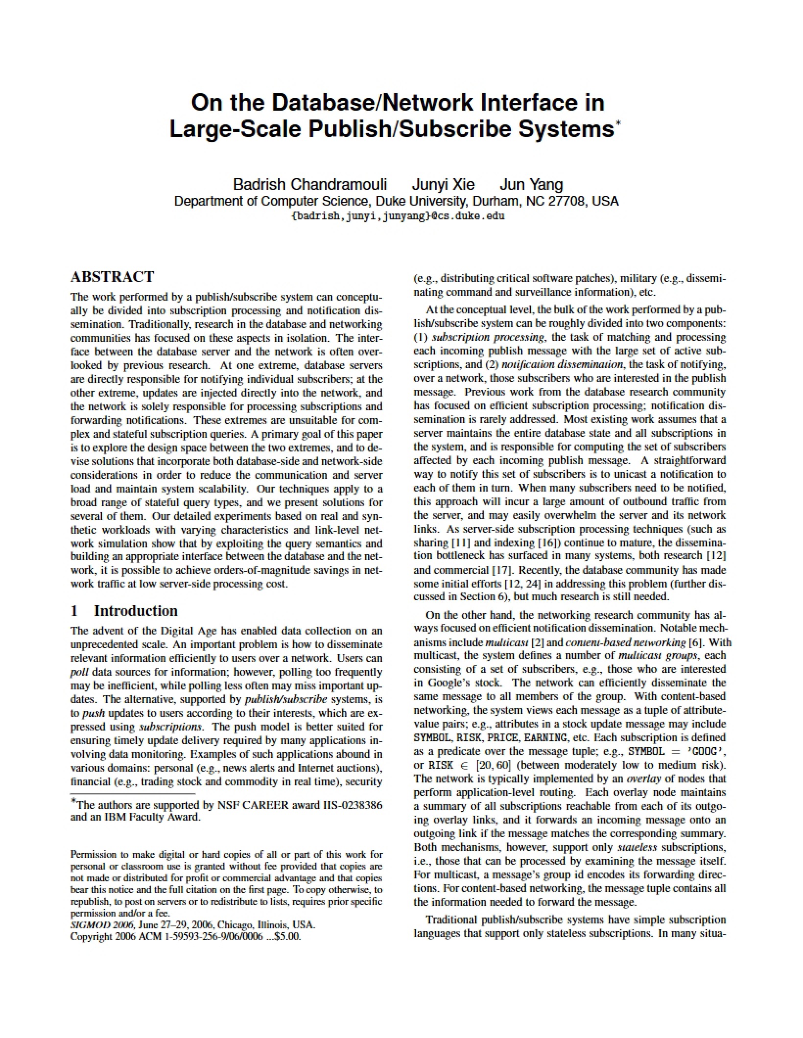 Large-Scale Publish-Subscribe Database-Network Interface