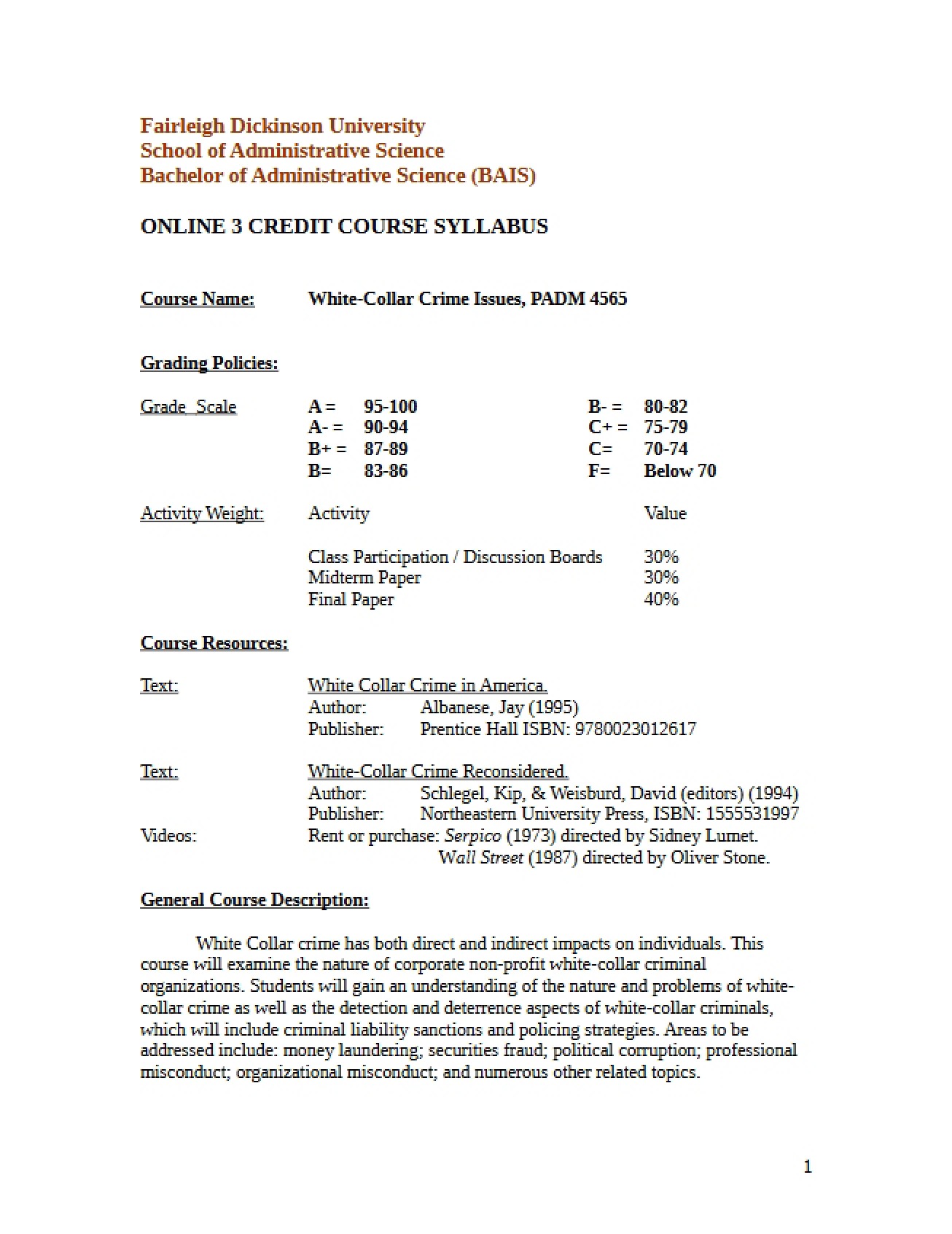 White-Collar Crime Course Overview
