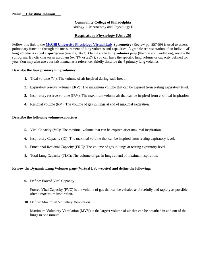 Lung Volumes and Spirometry Lab - Respiratory Physiology