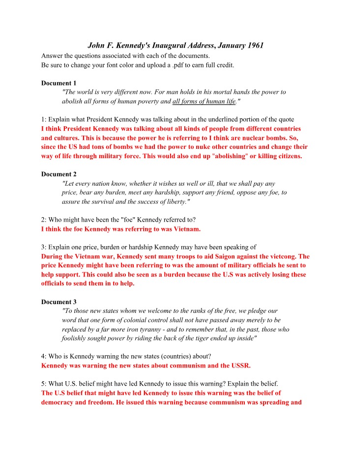 Worksheet on John F. Kennedy's Inaugural Address