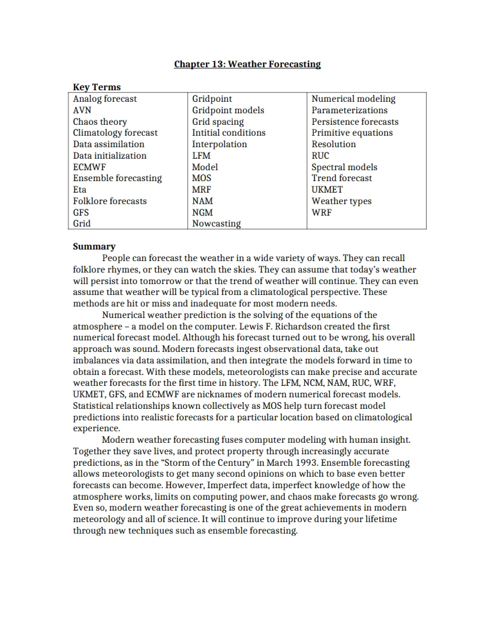 Forecasting Weather Chapter Thirteen