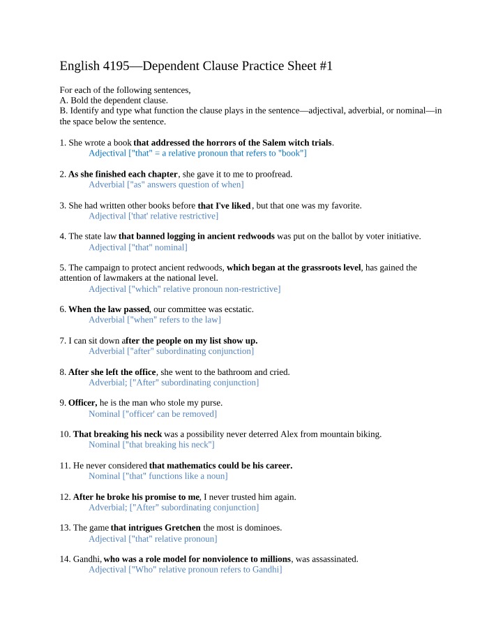 Practice Sheet #1 - Dependent Clauses