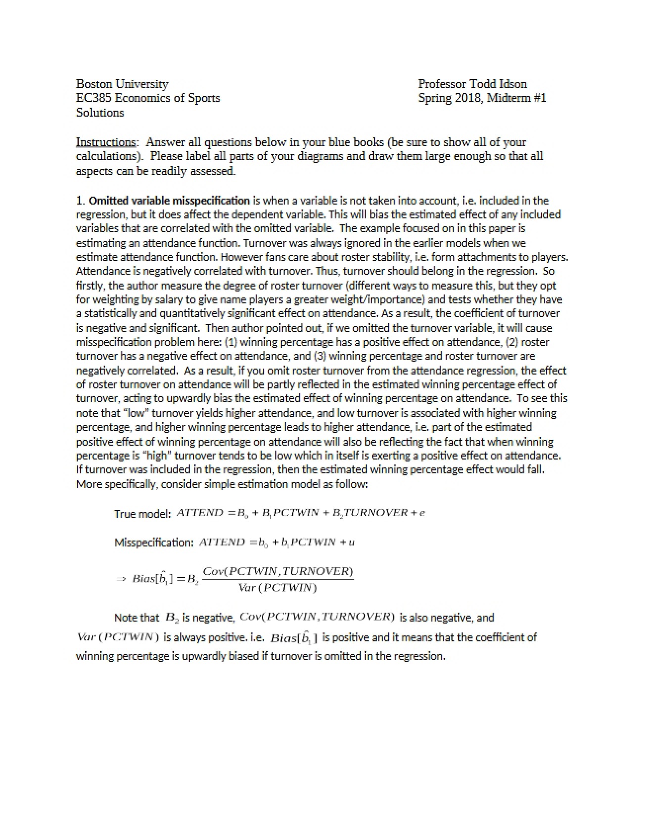 Solutions for the First Sports Economics Midterm (Part 2)