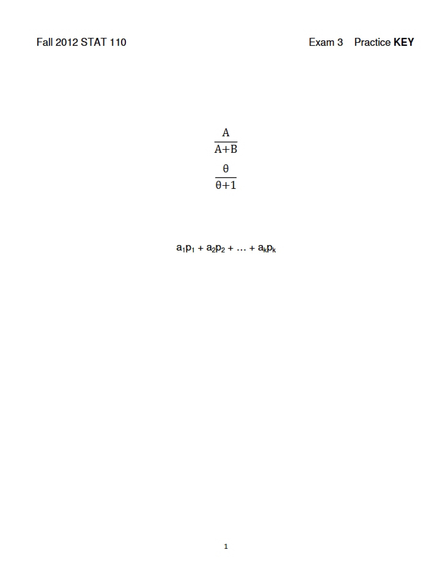 Answer Key STAT 110 Exam 3 Practice