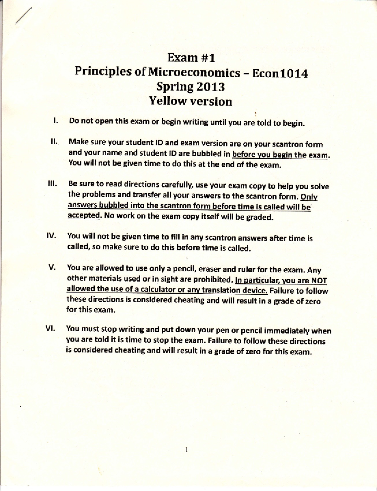 First Exam for Spring 2013 Microeconomics
