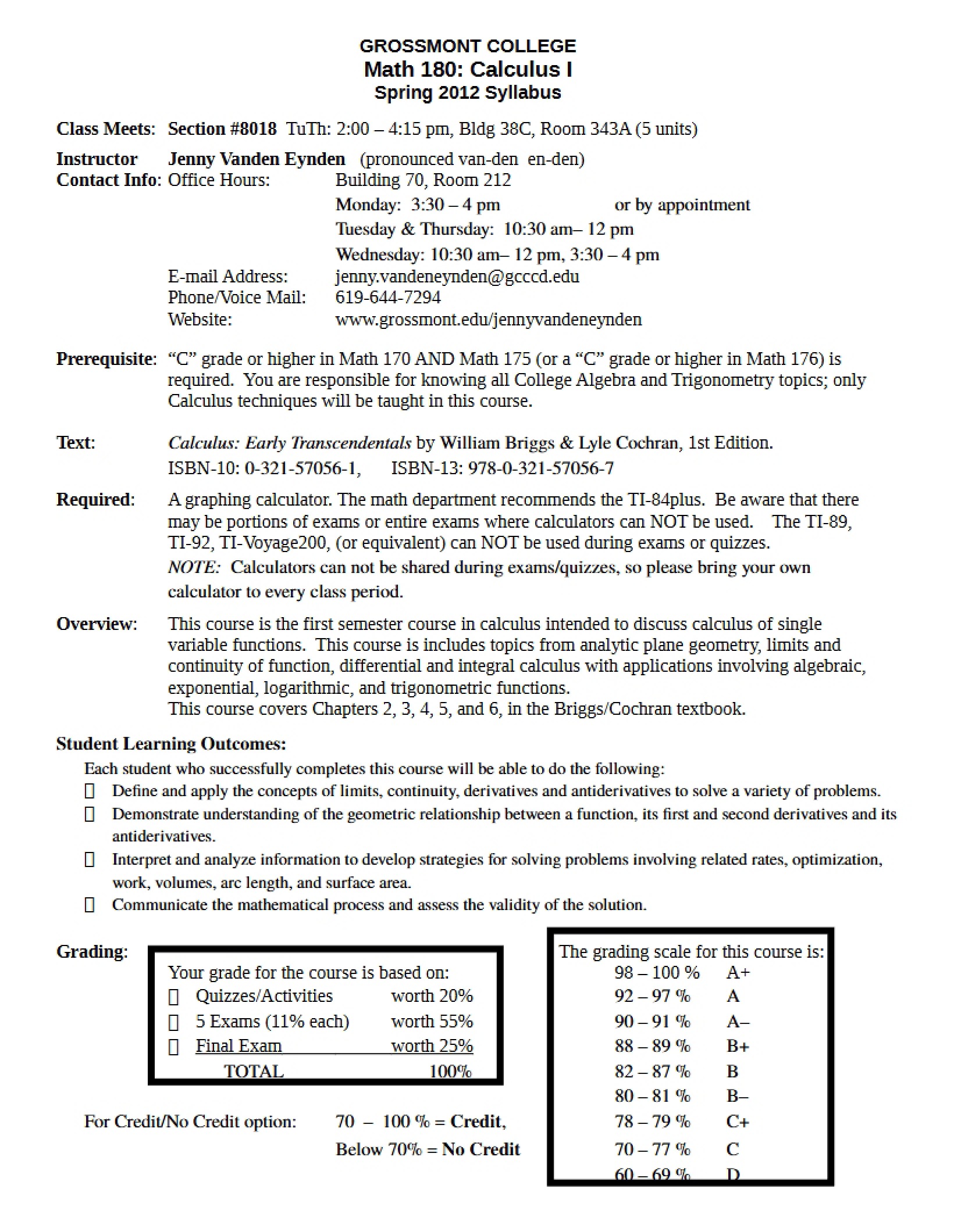 Calculus I Course Syllabus