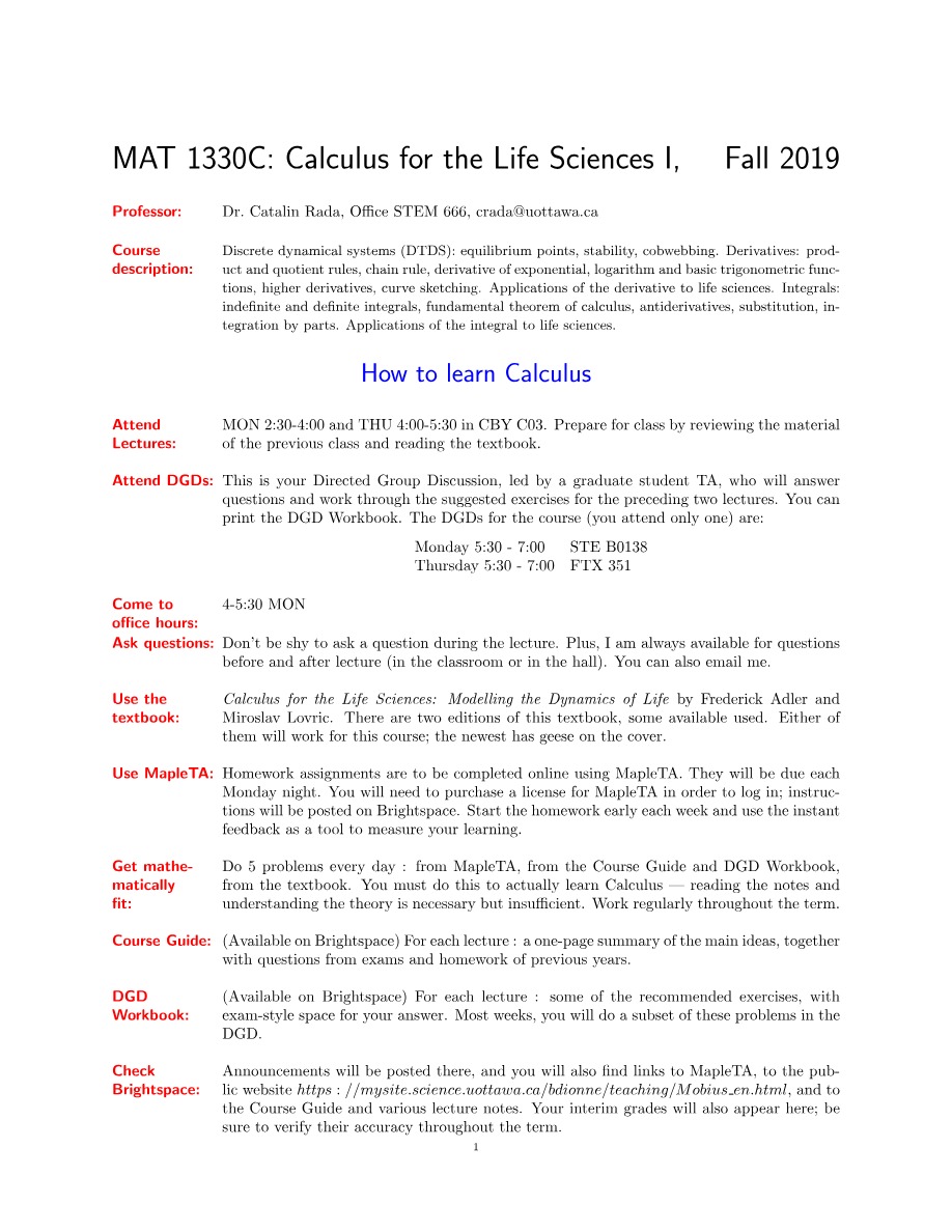 Calculus for the Life Sciences I - Fall 2019 (MAT 1330C)