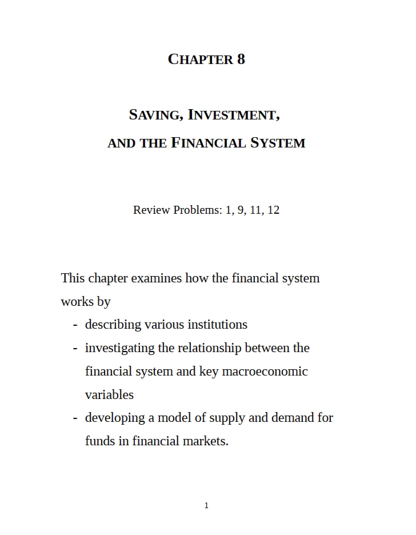 Financial System, Investment, and Saving (Chapter 8)