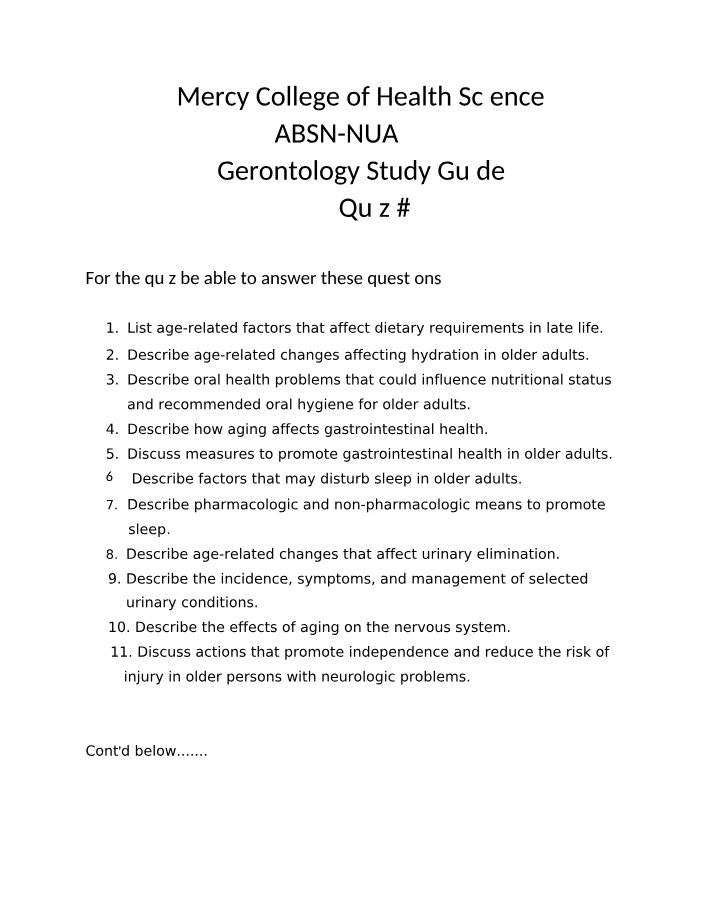 Gerontology Quiz #4 Study Guide
