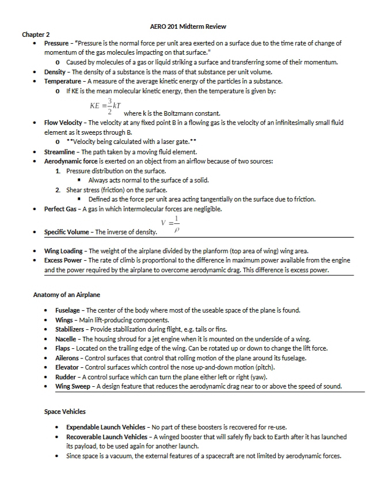 Review for the Midterm in Introduction to Aeronautical Engineering