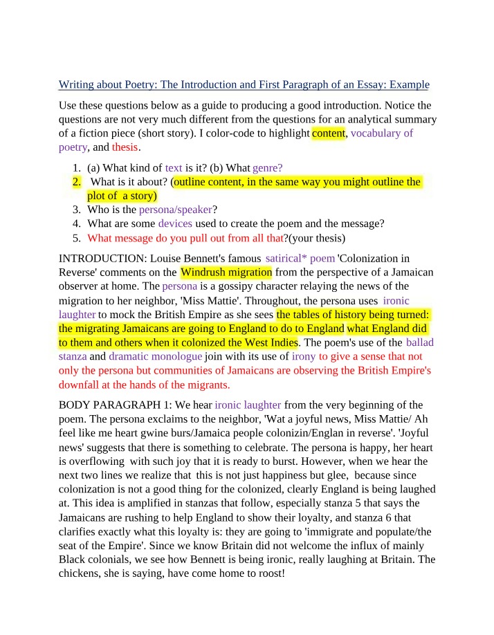 Writing about Poetry - Example of Introduction and First Body Paragraph