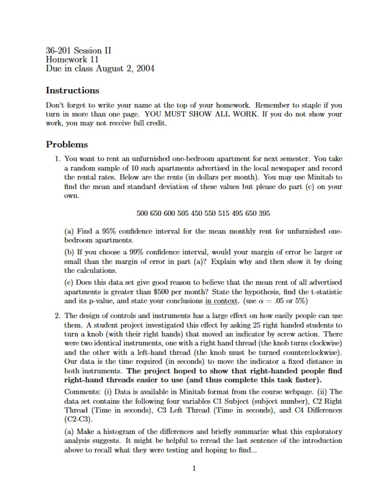 Statistical Reasoning Homework