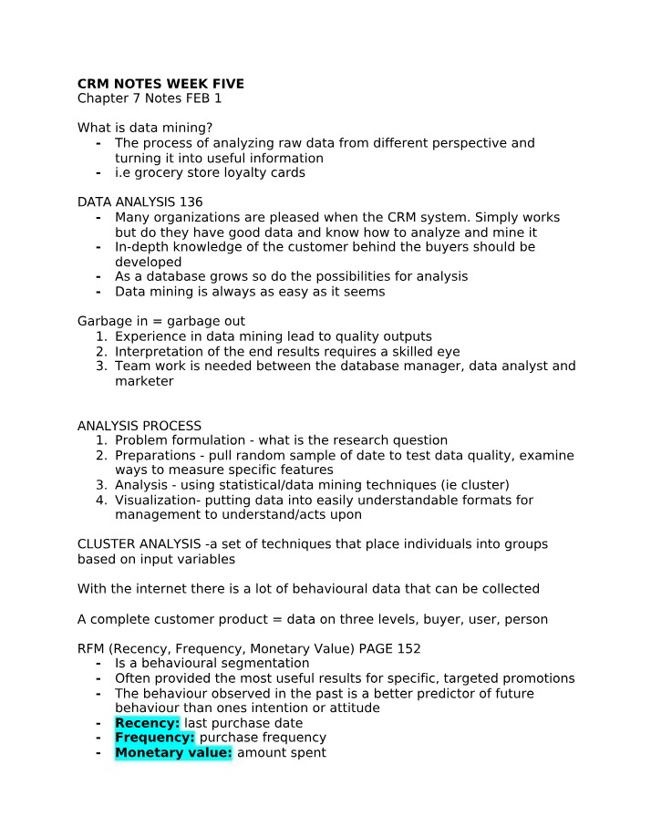 Weeks 5-9 CRM Notes