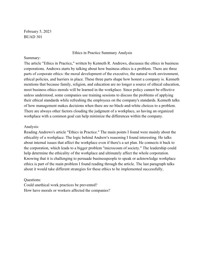 Ivey Guide Summary Analysis - Ethics in Practice